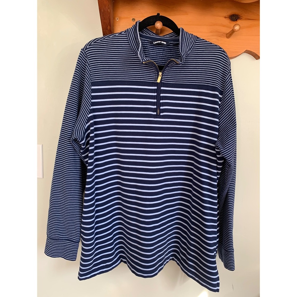 Lands End Womens 1X Navy Blue Striped Quarter Zip Pullover Mock Neck Sweatshirt